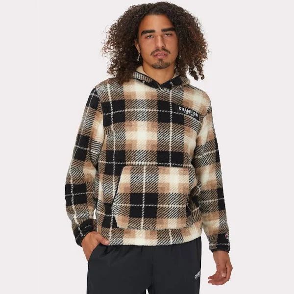 Champion Men s Plaid Faux Shearling Pullover Hoodie Gray Hoodies