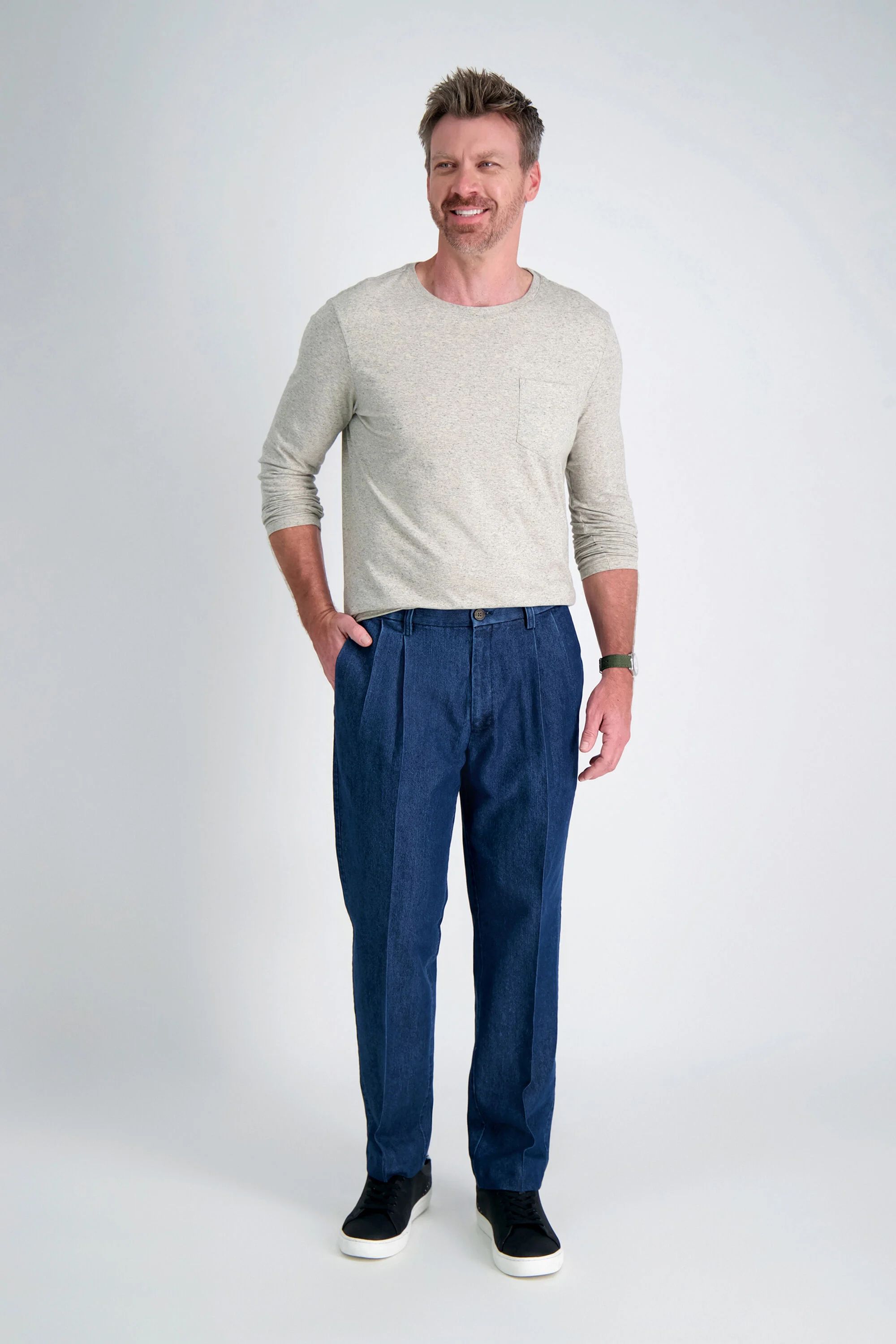 Haggar Stretch Denim Pleated Front Trouser HC00280 - Picture 1 of 3