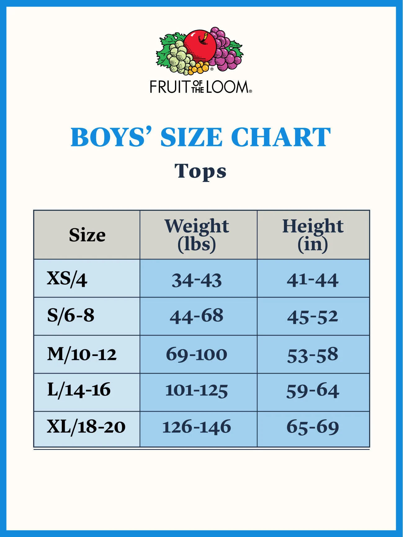 Fruit of the loom 2025 t shirt xs size chart