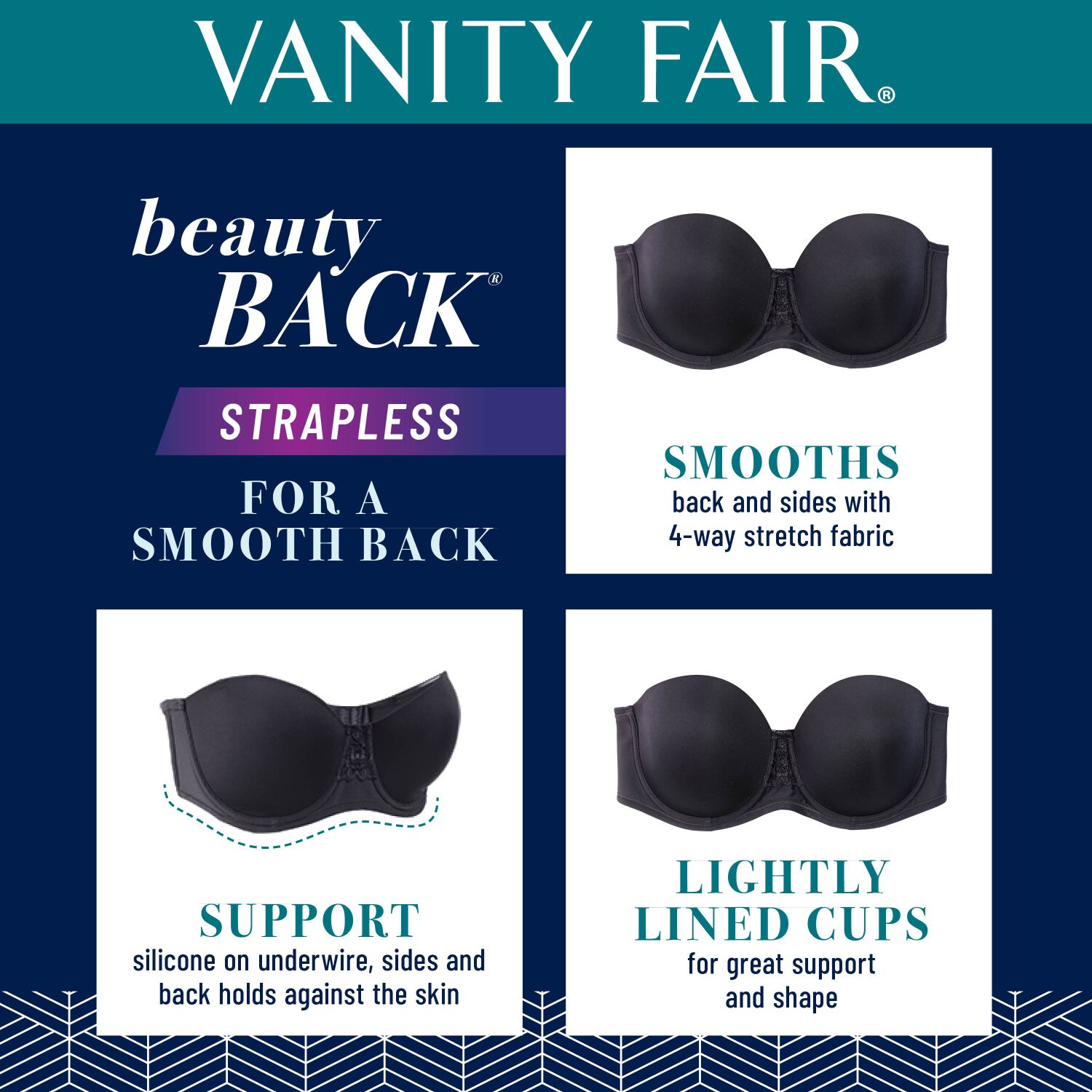 Vanity Fair Womens Beauty Back Underwire Smoothing Strapless Bra 74380 -  MIDNIGHT BLACK - 36C