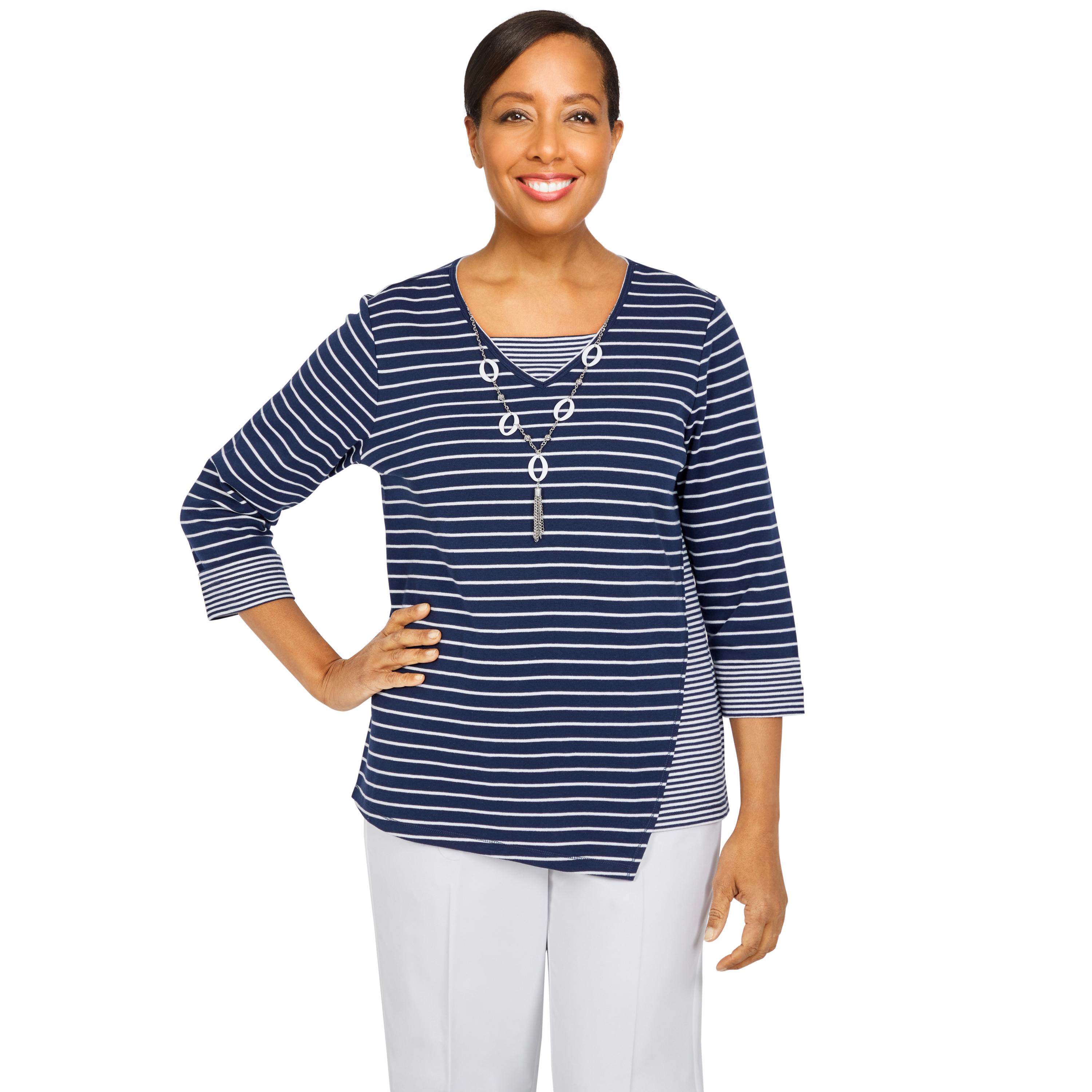 Alfred Dunner Newport Spliced Stripe Shirt With Necklace 75559SH - Picture 1 of 2
